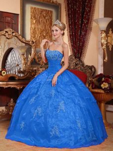 Strapless Ball Gown Ruched Organza Blue Quince Dresses with Appliques