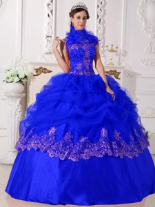 Halter Royal Blue Beaded Taffeta Low Price Quince Dresses with Appliques