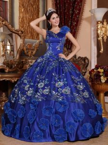 V-neck Satin Sweet 16 Dresses in Blue for Wholesale Price with Appliques