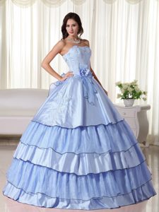Custom Made Light Blue Beaded Strapless White Sweet 16 Dress in Taffeta
