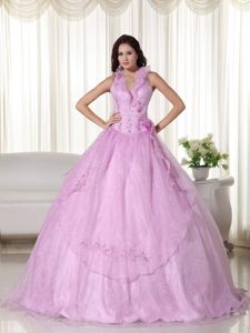 Cheap Halter Baby Pink Chiffon Quince Dress with Beading and Embroidery