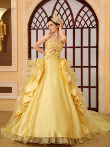 Strapless Yellow Nice Beaded Organza Quinces Dress with Cathedral Train