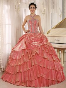 Cheap Halter Orange Pleat Organza Dress for Quinceanera with Beading