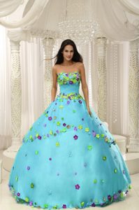 Strapless Baby Blue Sweet Beaded Sweet Sixteen Dresses with Flowers