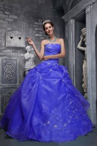 Purple Taffeta and Organza Strapless Quince Dress with Appliques on Sale