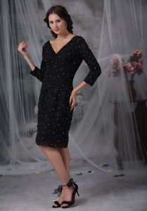 Black Column V-neck Knee-length 3/4 Sleeves Mother Dress with Special Fabric