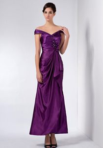 Purple off the Shoulder Ankle-length Taffeta Beaded Mother of the Bride Dress