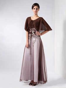Brown and White Ankle-length Beaded Mother of the Bride Dress on Promotion