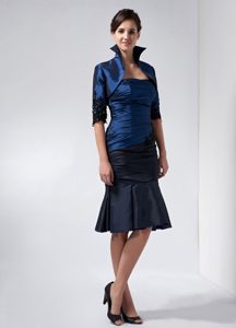 Navy Blue Knee-length Taffeta Beaded and Appliqued Mother Bride Guests Dress