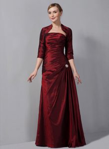 Wine Red Column Strapless Taffeta Ruched Mother Bride Guests Dress for 2014