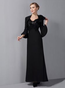 Elegant Black Column Straps Ankle-length Chiffon Mother Dress with Appliques