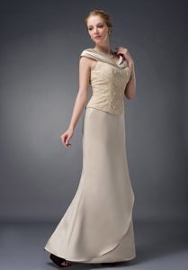 Champagne Column V-neck Satin Lace and Beaded Mother of the Bride Dress