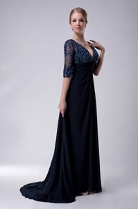 Navy Blue Empire V-neck Chiffon Mother Dresses with Appliques
