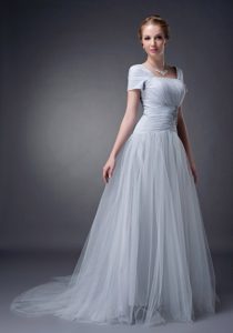 Informal Gray Square Mother Bride Dresses in Tulle with Appliques
