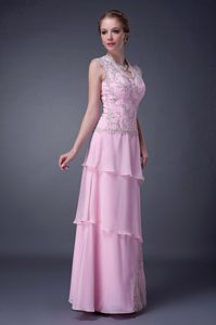 Sexy Baby Pink Empire V-neck Mothers Dresses in Chiffon with Appliques