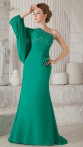 Fitted Dark Green Column One Shoulder Mothers Outfit with Long Sleeve