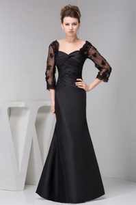 Square Ruched Black Pretty Mother Bride Dress with 3/4 Sleeves in Taffeta