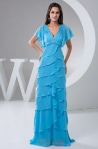 Popular Aqua Blue V-neck Ruffle-layers Mother Dresses with Gore Sleeve