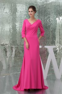 Well-packaged V-neck 3/4 Sleeves Hot Pink Mother Of The Bride Dresses