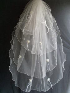 Hand Made Flowers And Beading Decorate Tulle Wedding Veil