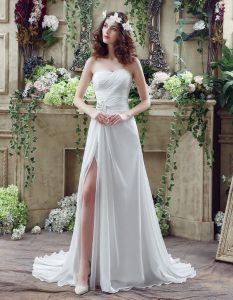 Simple White Sleeveless Brush Train Beading and Ruching Wedding Dress