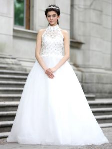 Charming White A-line Lace Wedding Dresses Zipper Tulle Sleeveless Floor Length