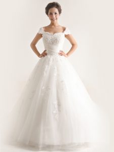 Gorgeous White Tulle Lace Up Wedding Gown Cap Sleeves With Brush Train Lace and Appliques