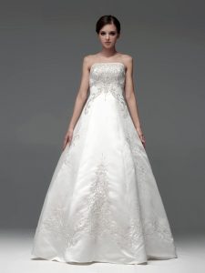 White Satin Lace Up Bridal Gown Sleeveless Floor Length Embroidery