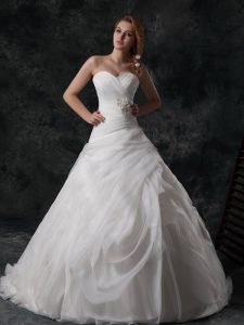 Dazzling Sleeveless Ruffled Layers and Hand Made Flower Lace Up Wedding Gowns with White Brush Train