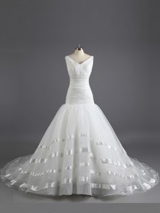 Stunning V-neck Sleeveless Court Train Lace Up Wedding Gown White Organza