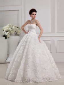 Excellent White Lace Up Sweetheart Lace Wedding Gown Fabric With Rolling Flowers Sleeveless