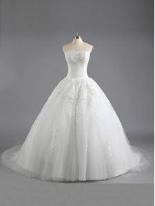 Strapless Sleeveless Court Train Lace Up Wedding Gowns White Tulle