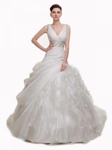 Pick Ups With Train A-line Sleeveless White Wedding Dresses Court Train Lace Up
