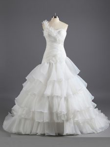 Exceptional White A-line Chiffon Sweetheart Sleeveless Beading and Ruffled Layers and Ruching With Train Lace Up Wedding