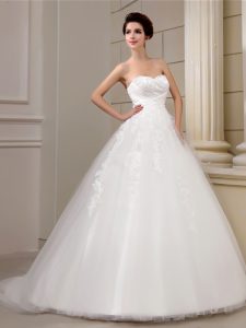 With Train A-line Sleeveless White Bridal Gown Court Train Lace Up