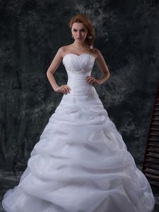 White Lace Up Wedding Dress Beading and Ruching and Pick Ups Sleeveless Floor Length Brush Train