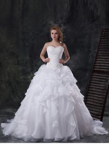 Vintage Sleeveless Organza With Brush Train Lace Up Wedding Dress in White with Beading and Appliques and Ruffles