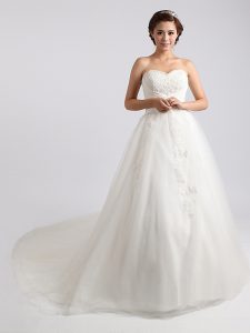 Glittering Sleeveless Court Train Lace Up With Train Beading and Appliques Wedding Gown