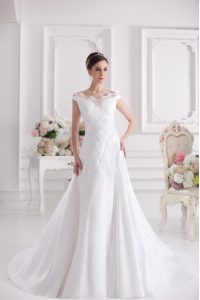 Hot Selling Off the Shoulder Sleeveless Satin Court Train Zipper Bridal Gown in White with Beading and Appliques