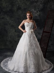 Sweetheart Sleeveless Lace Wedding Gowns Beading and Appliques and Hand Made Flower Court Train Lace Up