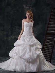 Sleeveless Brush Train Beading and Appliques and Pick Ups Lace Up Wedding Gowns