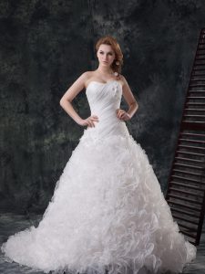 Ideal White Lace Up Wedding Dress Beading and Ruching and Hand Made Flower Sleeveless With Train Court Train