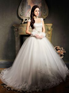 Square Cap Sleeves Brush Train Lace Up Bridal Gown White Tulle