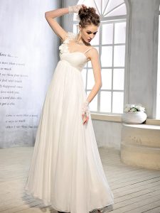 White Sleeveless Ruching and Hand Made Flower Floor Length Bridal Gown