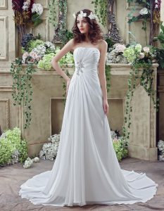 Flirting White Wedding Gowns Wedding Party and For with Beading and Appliques and Ruching Strapless Sleeveless Brush Tra