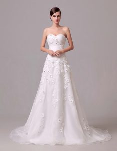 Great Sleeveless Brush Train Lace Up With Train Appliques and Hand Made Flower Bridal Gown