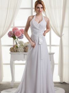 Nice Halter Top Sleeveless Lace and Appliques and Ruching and Bowknot Lace Up Bridal Gown with White