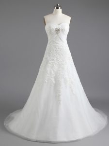Fancy Beading and Appliques Bridal Gown White Lace Up Sleeveless With Brush Train