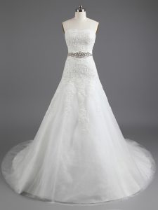 White Lace Up Strapless Beading and Lace and Appliques Wedding Gowns Tulle Sleeveless Court Train