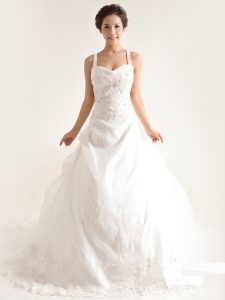 Dynamic Straps Sleeveless Lace Bridal Gown Lace and Appliques and Hand Made Flower Brush Train Criss Cross